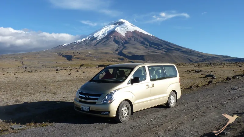 SOLEQtravel van in front of the Cotopaxi