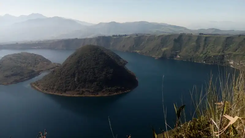 view over the Cuicocha lagoon with its islands