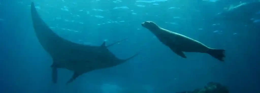 ray and sea lion swimming near the islands of Mosquera and Seymour