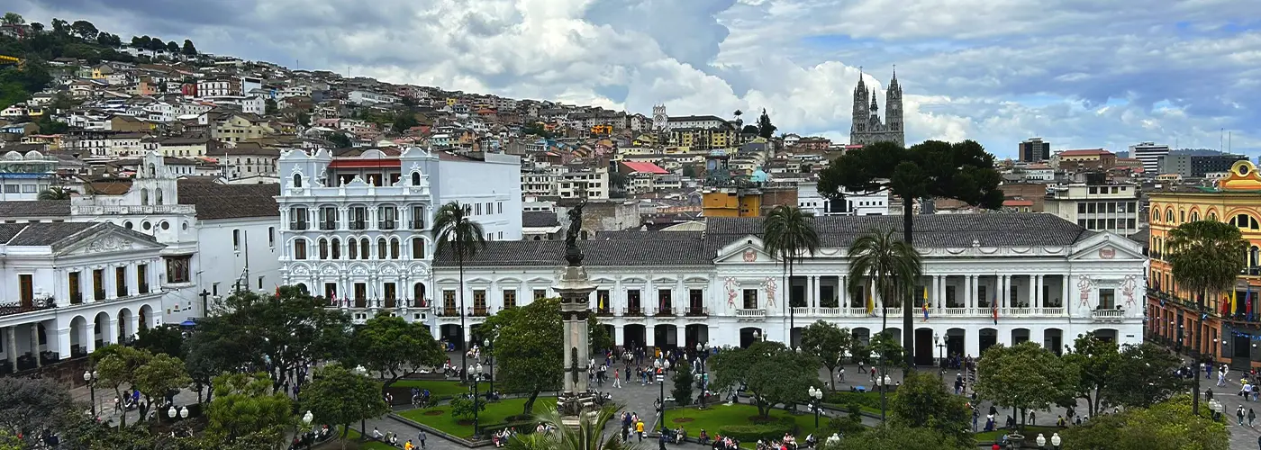 Historic colonial center of Quito with government palace and cathedral in the Ecuadorian Andes