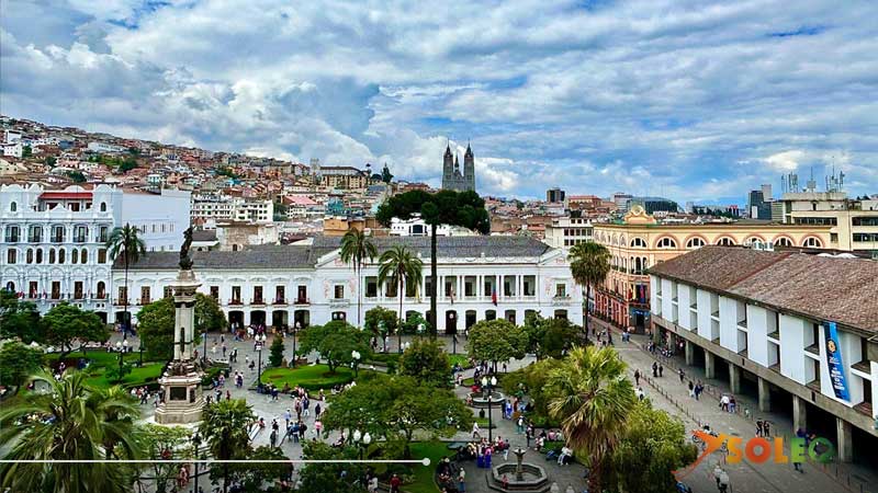 Cathedral dome view over Plaza de la Independencia and Basilica in Quito