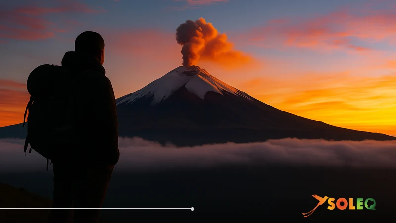 Excursionista observando el volcán Tungurahua en erupción al amanecer en Ecuador