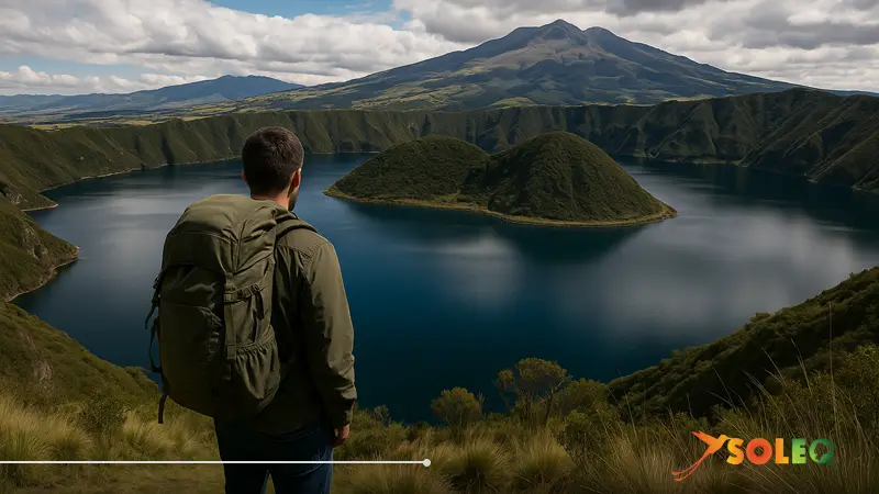 Viajero contemplando la Laguna de Cuicocha durante una caminata de slow travel en Ecuador.