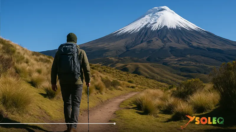 Senderista caminando hacia un volcán nevado en los Andes – Slow Travel en Ecuador