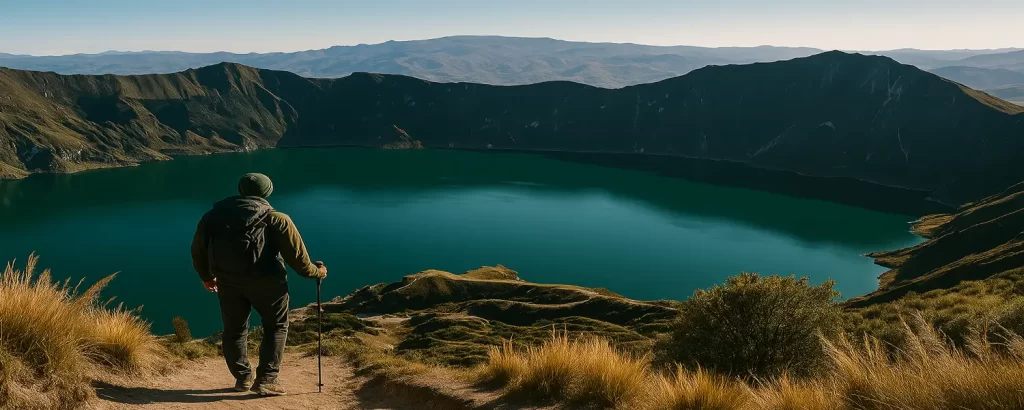 Panoramic view of a hiker admiring Ecuador’s majestic highlands under dramatic skies – perfect for a slow travel experience.