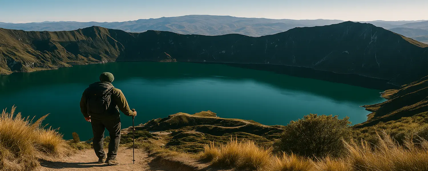 Vista panorámica de un senderista admirando las majestuosas tierras altas de Ecuador bajo cielos dramáticos: el escenario perfecto para una experiencia de slow travel.