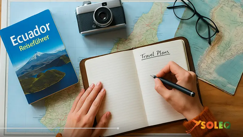 Planificando un viaje de slow travel por Ecuador con un mapa, un diario de viaje y una guía turística.