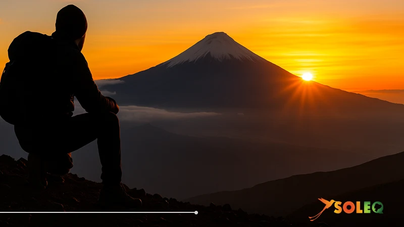 Montañero observando el amanecer sobre un volcán en Ecuador - turismo espiritual de volcanes