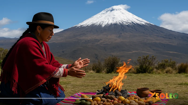 Ceremonia indígena al pie del volcán Tungurahua con fuego, ofrendas y atuendos tradicionales