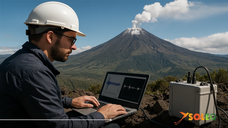 Volcanologist monitoring Tungurahua Volcano with seismic sensors and a laptop