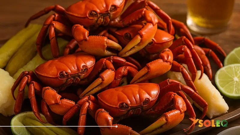 A traditional Ecuadorian cangrejada featuring red crabs served with plantain, yuca, lime, and aji criollo — a festive symbol of Ecuador’s coastal cuisine.
