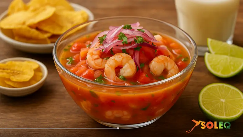A traditional Ecuadorian shrimp ceviche served with lime, red onion, tomato, and cilantro — a fresh and authentic dish from Ecuador’s coastal cuisine.