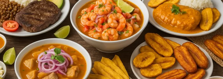 Traditional Ecuadorian coastal dishes including encebollado, ceviche, arroz con menestra, encocado, bollo de pescado, and cangrejada.