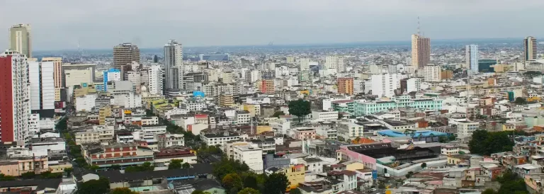 Panoramic view of downtown Guayaquil with modern buildings under a cloudy sky.