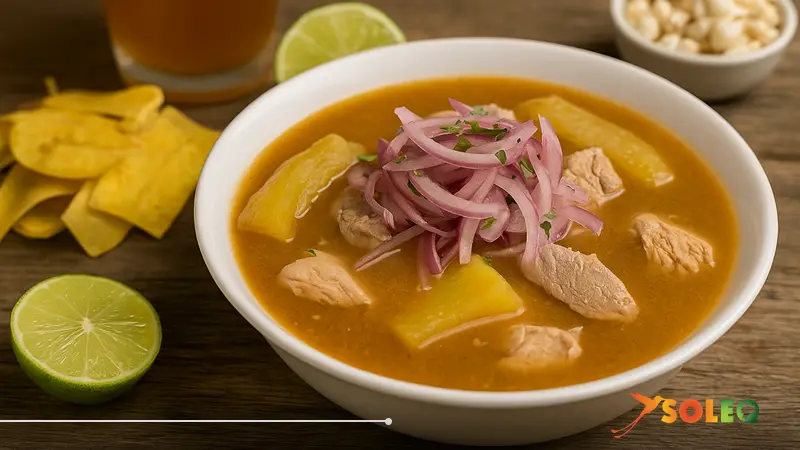 A traditional Ecuadorian encebollado fish soup served with yuca, pickled red onions, lime, and plantain chips — a classic of coastal Ecuadorian cuisine.