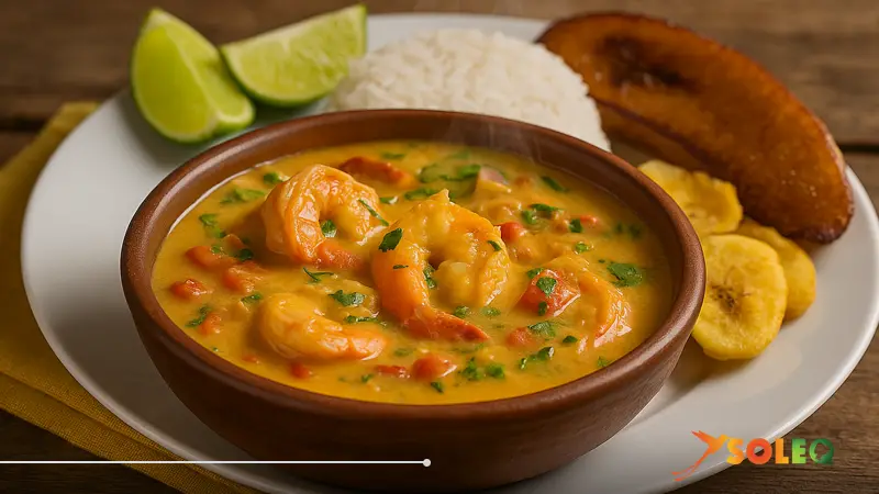 A traditional Ecuadorian encocado with shrimp in creamy coconut sauce, served with white rice, fried plantain, and lime — a coastal classic full of flavor.