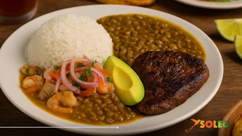 A traditional Ecuadorian dish of arroz con menestra y carne asada served with rice, lentil stew, grilled beef, avocado, and fried plantain — a classic of Ecuadorian cuisine.