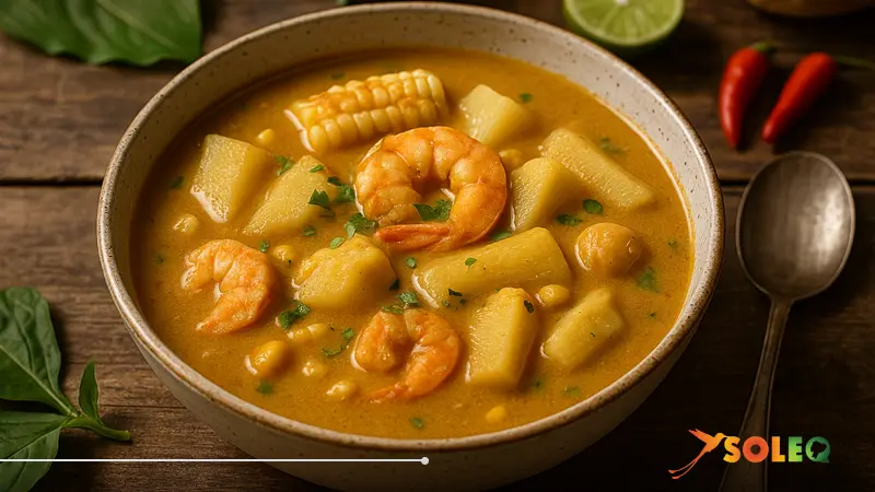 A bowl of Viche ecuatoriano, a traditional coastal soup made with shrimp, yuca, corn, and green plantain — a signature dish of Ecuadorian gastronomy.
