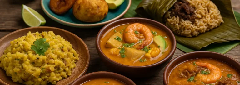 An assortment of Ecuadorian coastal dishes including Tonga, Viche, Bolón de Verde, Tigrillo, and Seafood Cazuela served on a rustic wooden table with tropical details.