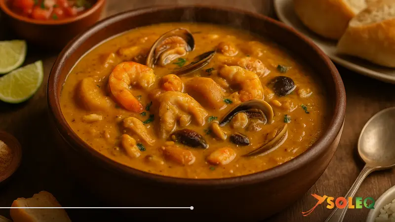A traditional cazuela de mariscos ecuatoriana served in a clay pot with shrimp, fish, and clams in a creamy peanut sauce — a highlight of coastal Ecuadorian cuisine.
