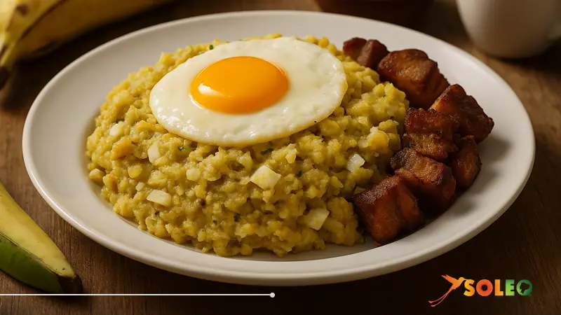 A traditional tigrillo de verde ecuatoriano served with a fried egg, crispy chicharrón, and coffee — a classic breakfast of Ecuadorian gastronomy made with green plantain.