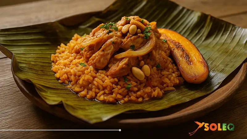 A traditional Ecuadorian tonga served on banana leaves with rice, chicken, peanuts, and fried plantain on a rustic wooden table — a classic dish from Ecuador’s coastal cuisine.