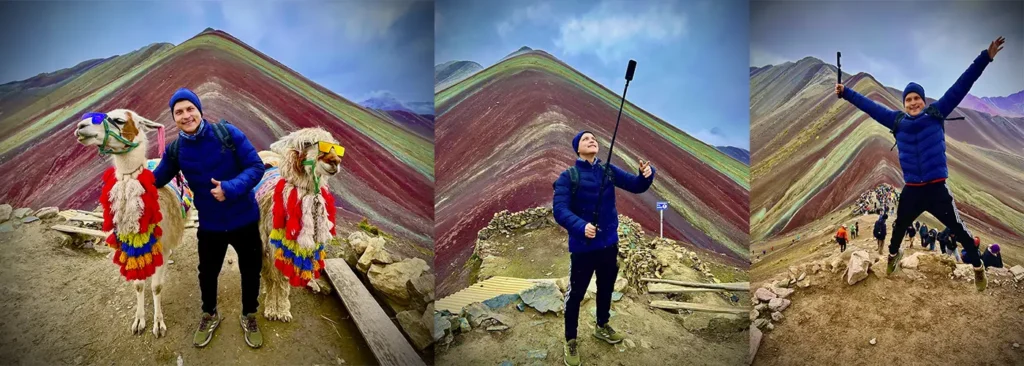 Personal trip to Rainbow Mountain Peru (Vinicunca) – Visitors in front of the famous seven-color mountain landscape in the Peruvian Andes.