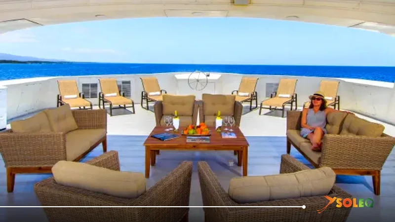 Upper deck of a Galápagos cruise with panoramic view of the Pacific