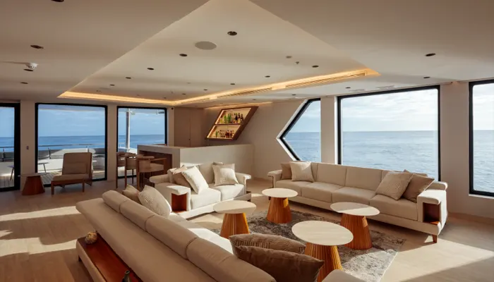 Salón interior de un yate de lujo en Galápagos con sofás de color beige, mesas de madera, amplios ventanales panorámicos y vistas directas al océano.