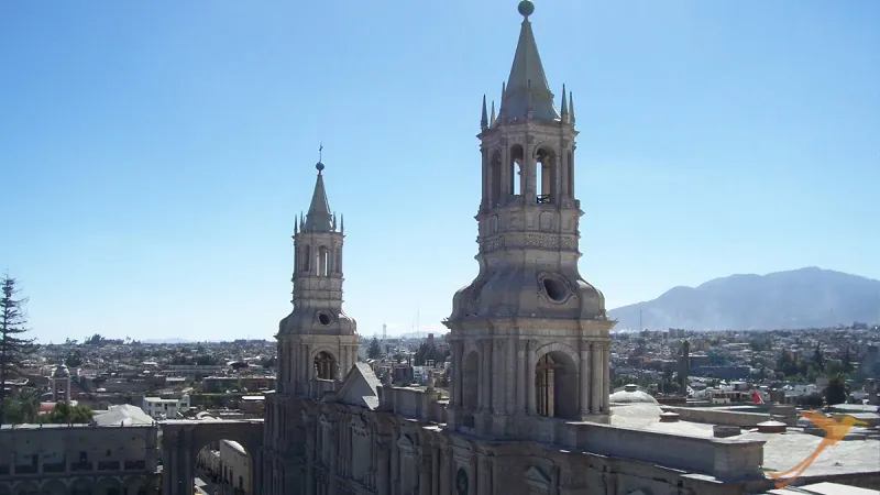 towers of the cathedral at the Plaza de Armas of Arequipa