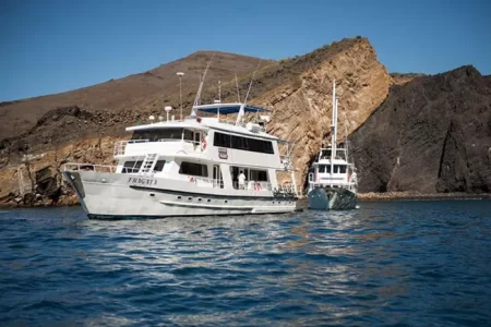 yacht fragata in the ocean at the Galapagos Islands